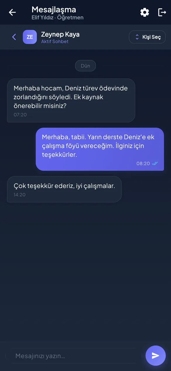 Veli-öğretmen mesajlaşma ekranı
