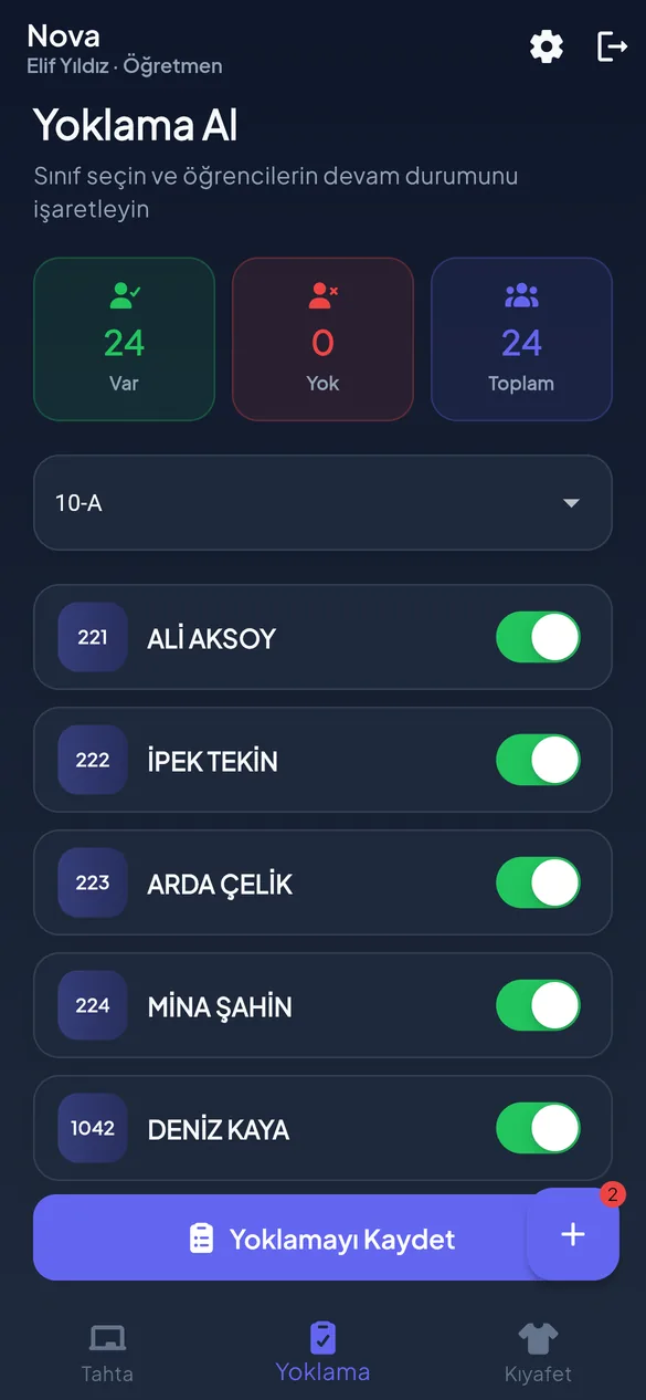 Öğretmen yoklama ekranı