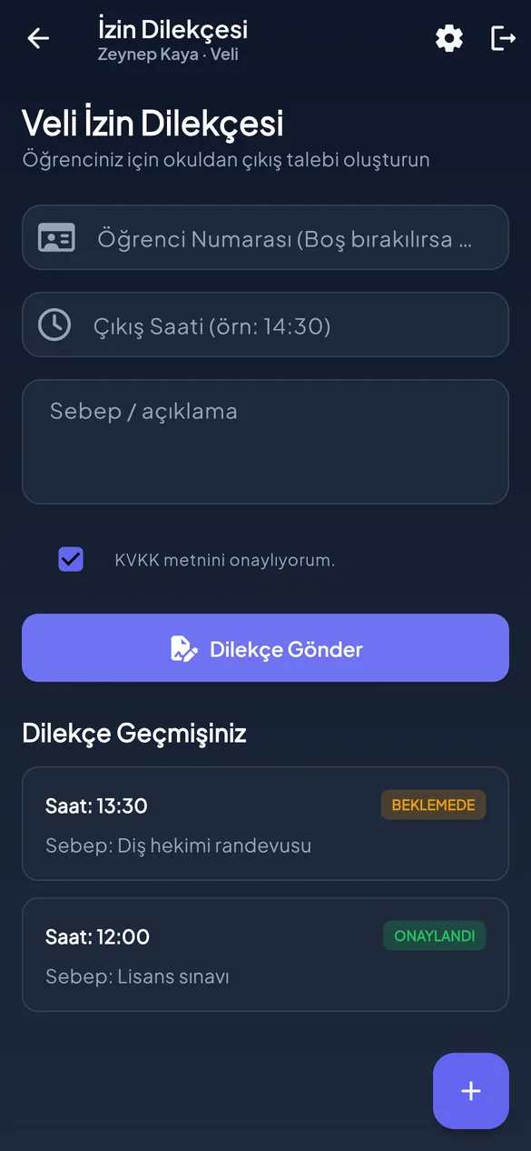 Veli izin dilekçesi ekranı