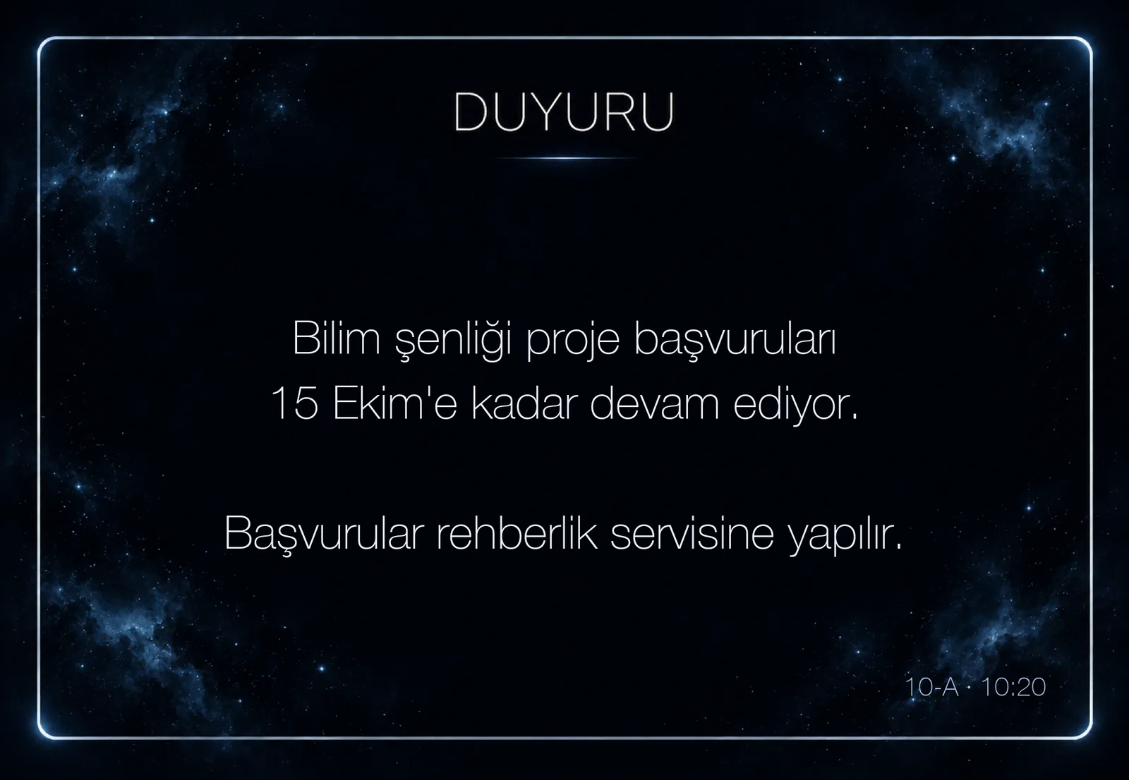 Akıllı tahtada gösterilen duyuru ekranı